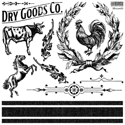 A collection of black on white decorative stamps featuring rustic elements such as a cow, horse, rooster, and various textures and patterns from Iron Orchid Designs