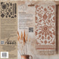 Decorative fabric with patterns hanging on a wall image next to instructions for use of Iron Orchid Designs stamps.