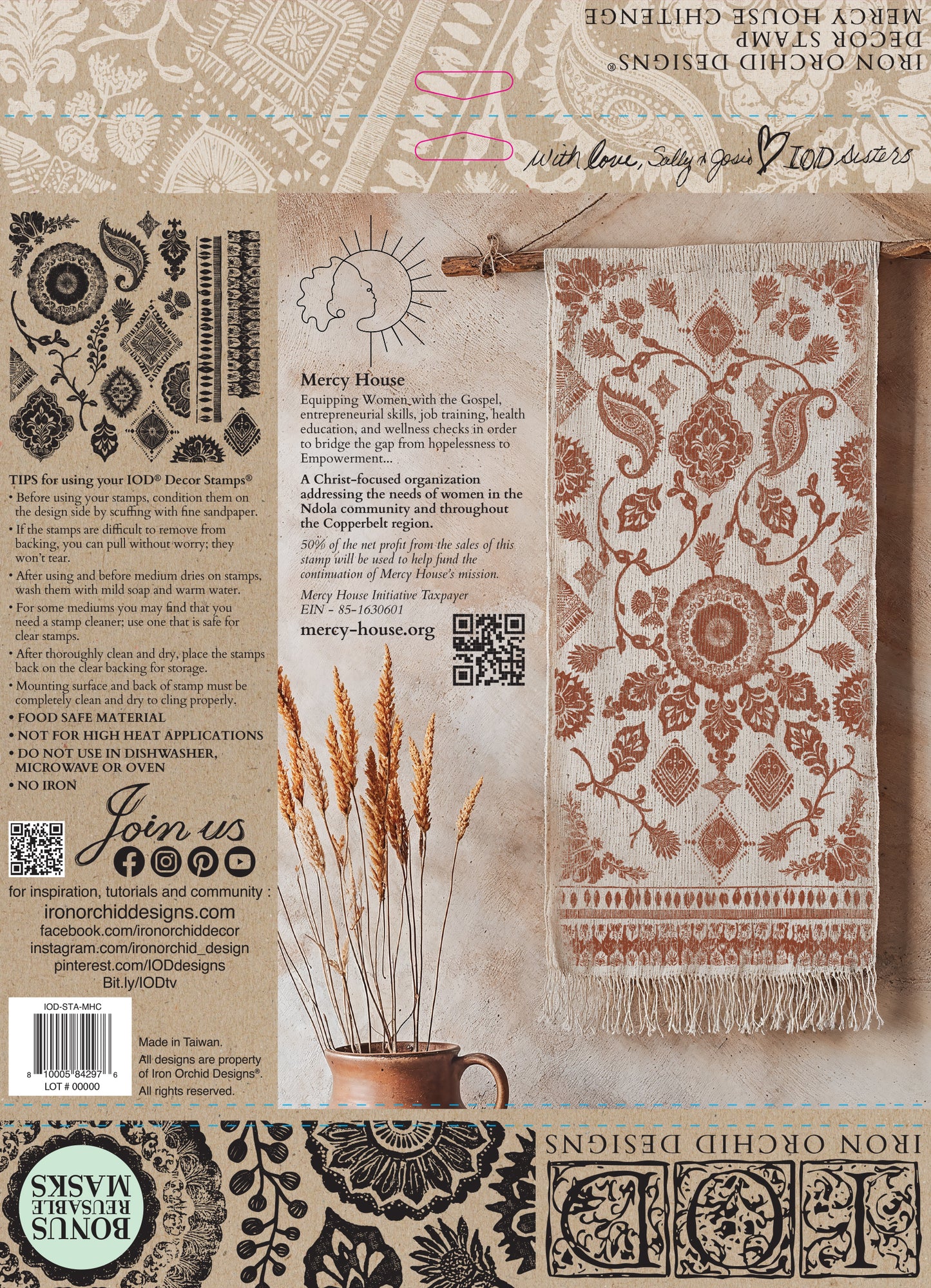 Decorative fabric with patterns hanging on a wall image next to instructions for use of Iron Orchid Designs stamps.