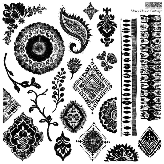 A collection of various stamps in black and white decorative patterns and designs, with a mix of floral, geometric, and organic motifs, intended for use as a stamp for crafting and decorating.