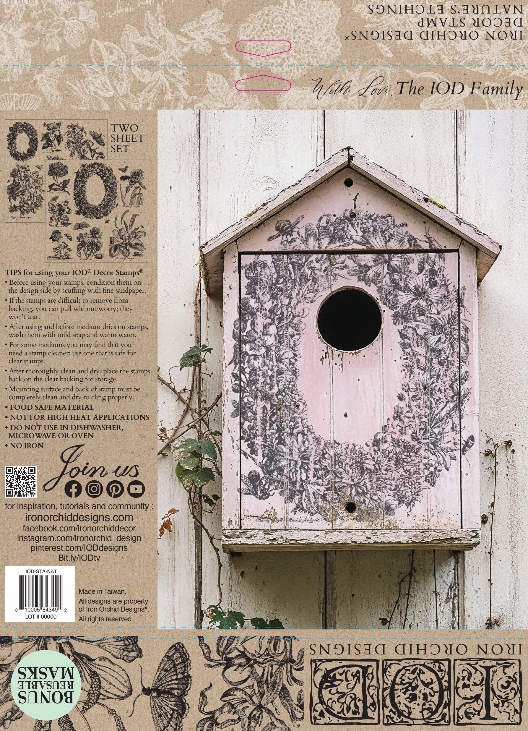 Decorative birdhouse with floral design on a wooden background, featuring IOD  Nature's Etchings stamp.