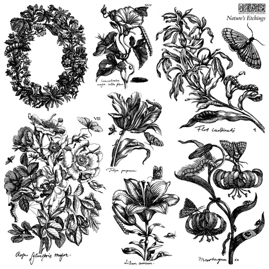 Collection of black and white botanical stamps with text labels from Iron Orchid Designs Nature's Etchings stamp.