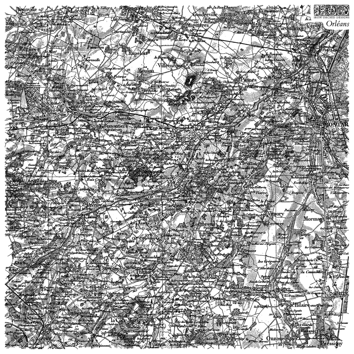 Vintage black and white image of a stamp of map of Orleans by Iron Orchid Designs
