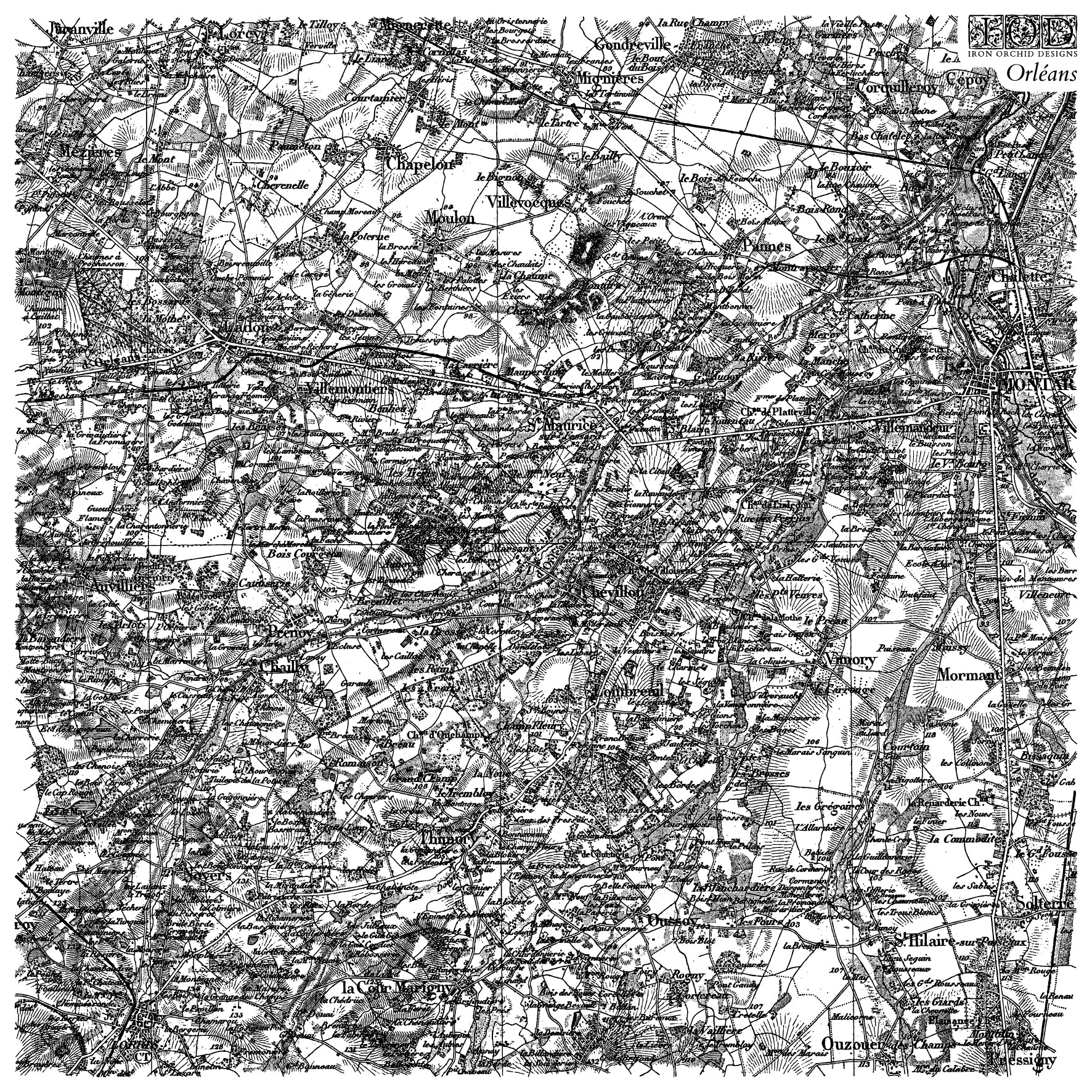 Vintage black and white image of a stamp of map of Orleans by Iron Orchid Designs