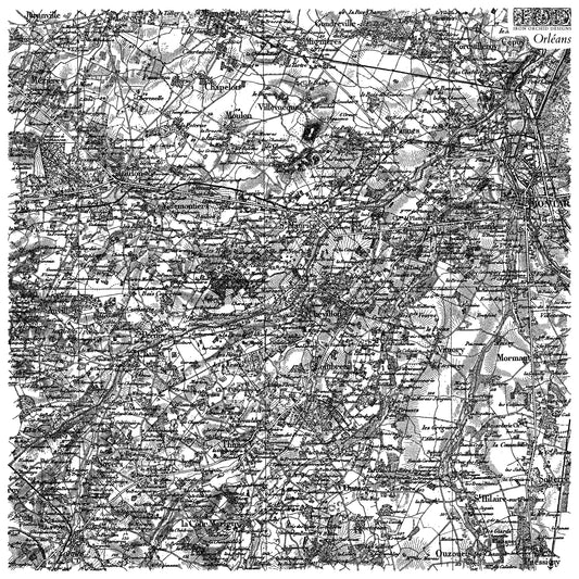 Vintage black and white image of a stamp of map of Orleans by Iron Orchid Designs