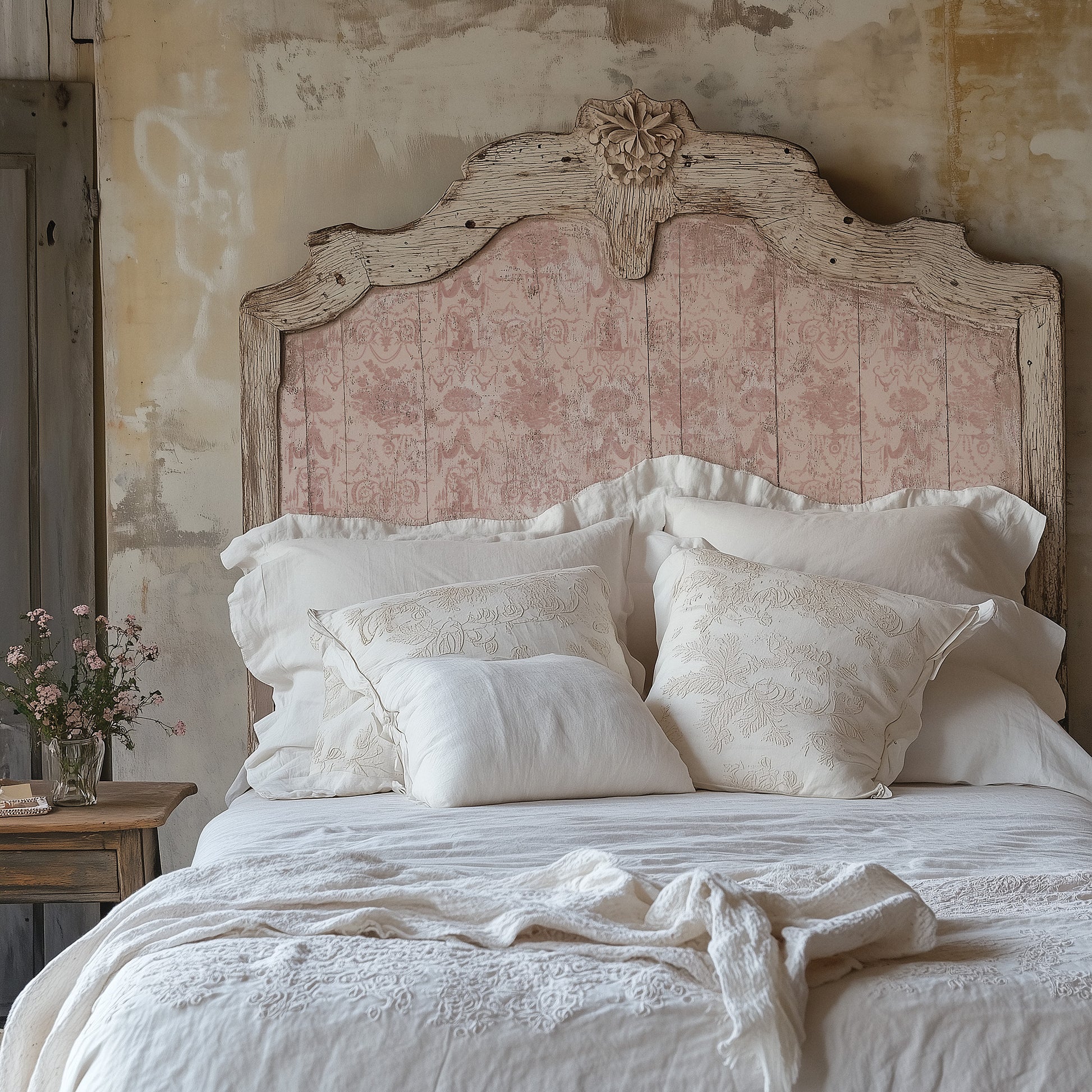 Vintage-style bed with floral stamped headboard and lace bedding in a rustic bedroom.