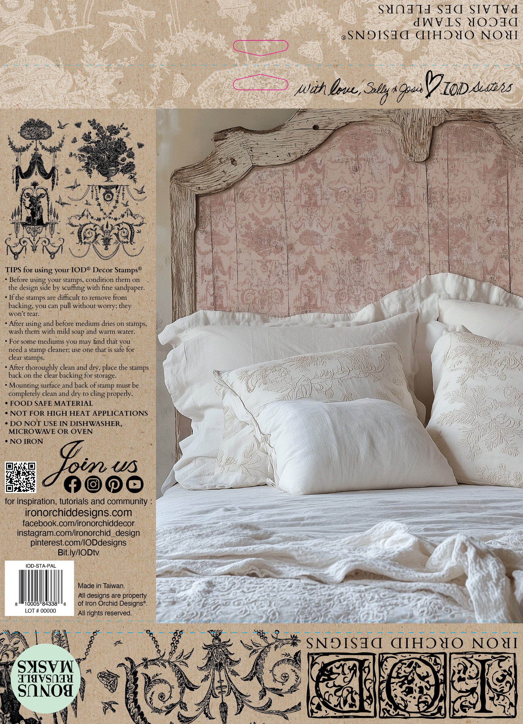 Iron Orchid Designs packaging for Palais des Fleurs stamp showing a decorative stamped headboard with white bedding and a design guide on the left side.
