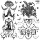 Decorative elements including floral arrangements, drapery, and birds in a black and white style from Iron Orchid Designs