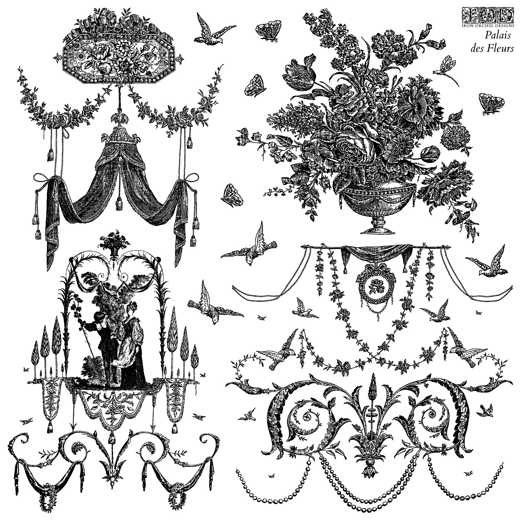 Decorative elements including floral arrangements, drapery, and birds in a black and white style from Iron Orchid Designs