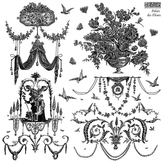 Decorative elements including floral arrangements, drapery, and birds in a black and white style from Iron Orchid Designs