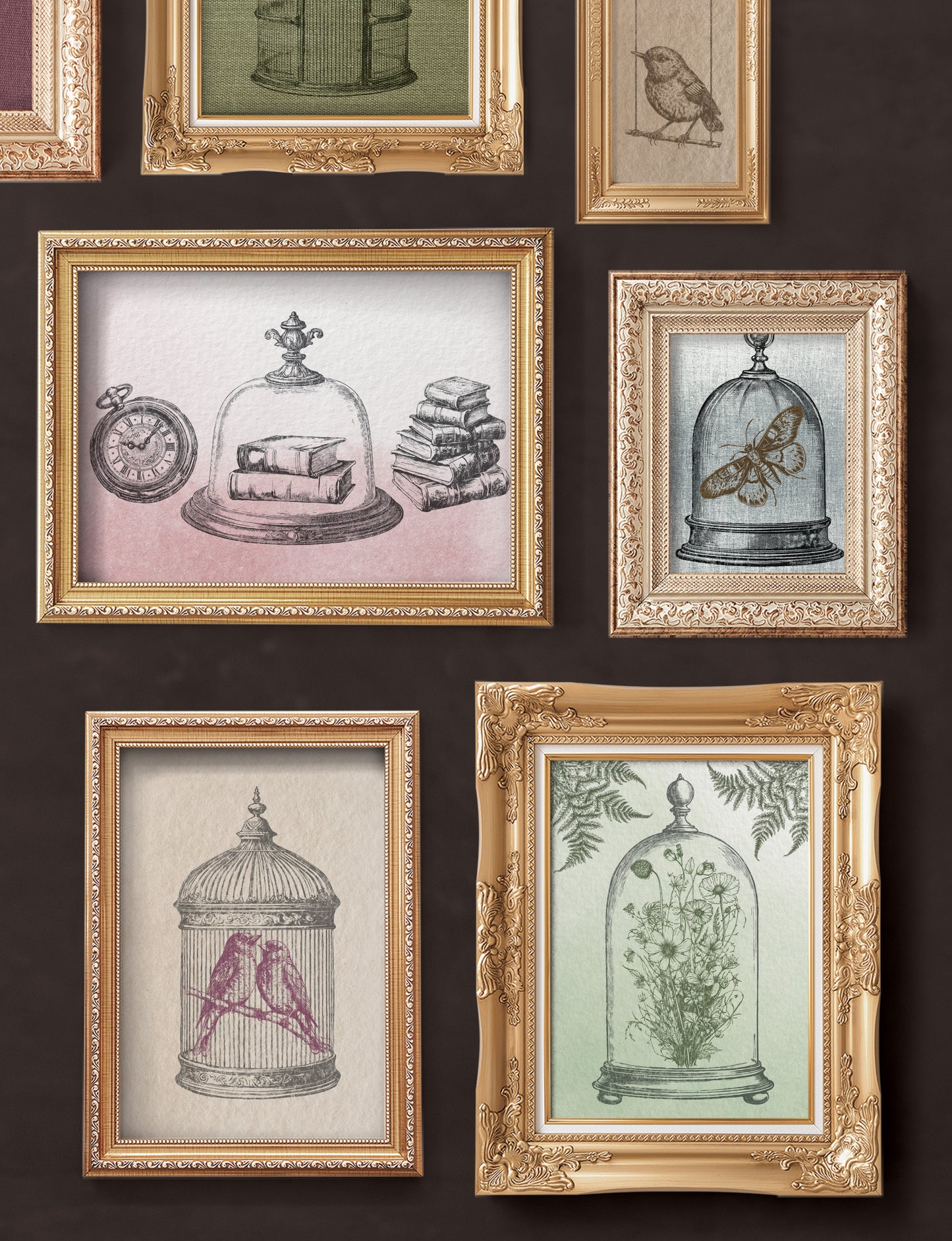 An image on a dark brown background showing several different pictures in gilt frames created using Iron Orchid Designs Pastiche stamps