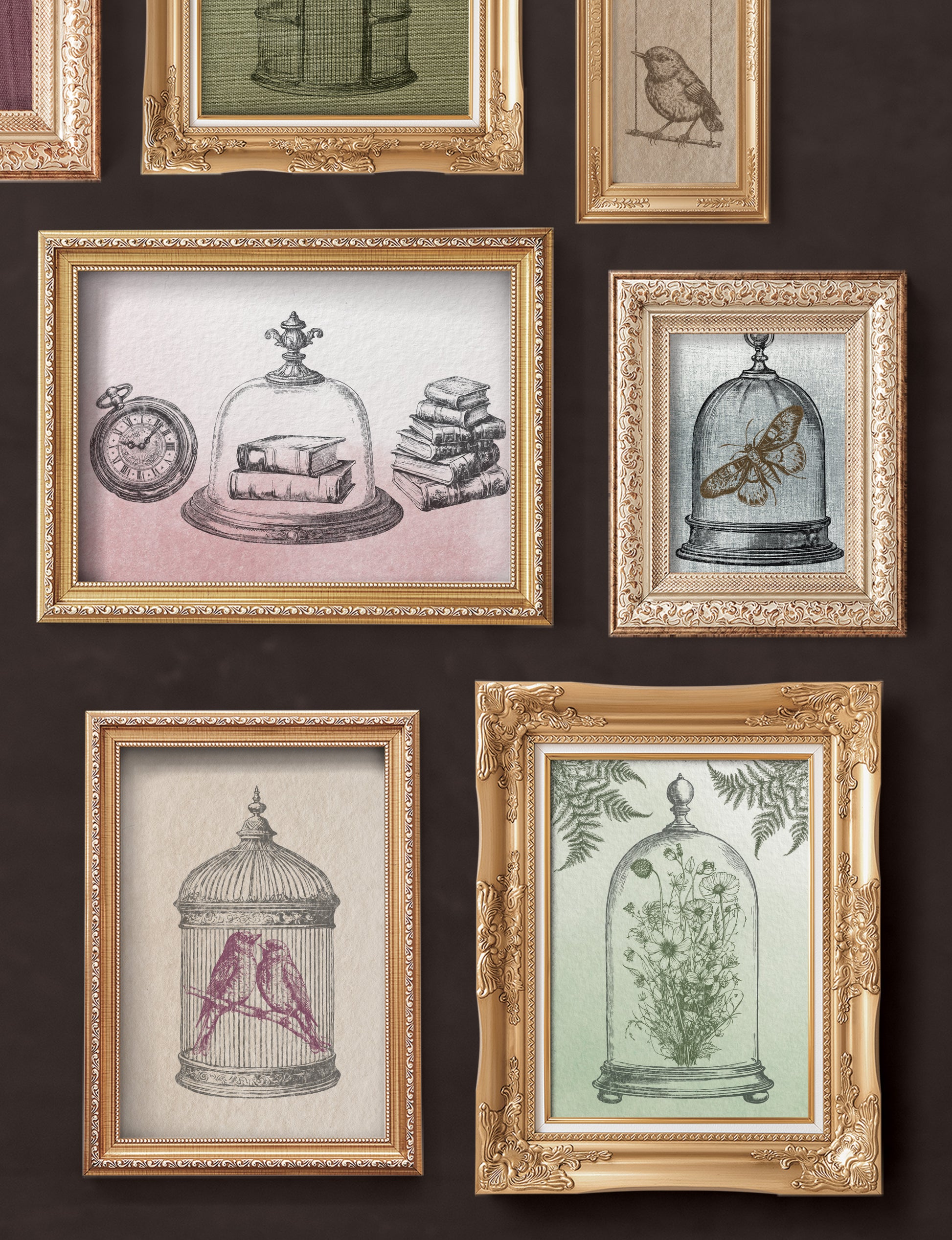An image on a dark brown background showing several different pictures in gilt frames created using Iron Orchid Designs Pastiche stamps