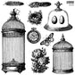 Black on white images of bird cages, speckled eggs, a nest, feathers, a butterfly and a pocket watch from Iron Orchid Designs Pastiche stamp