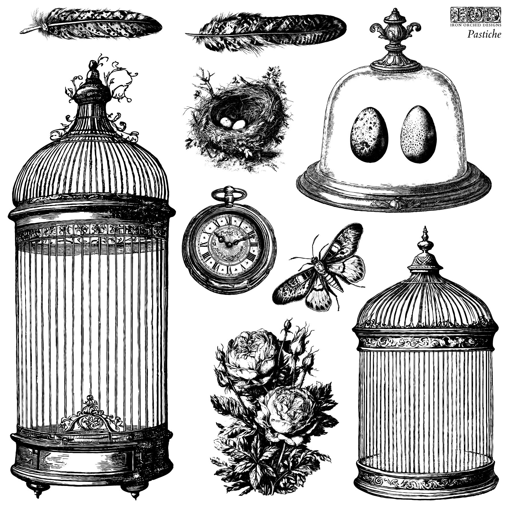Black on white images of bird cages, speckled eggs, a nest, feathers, a butterfly and a pocket watch from Iron Orchid Designs Pastiche stamp