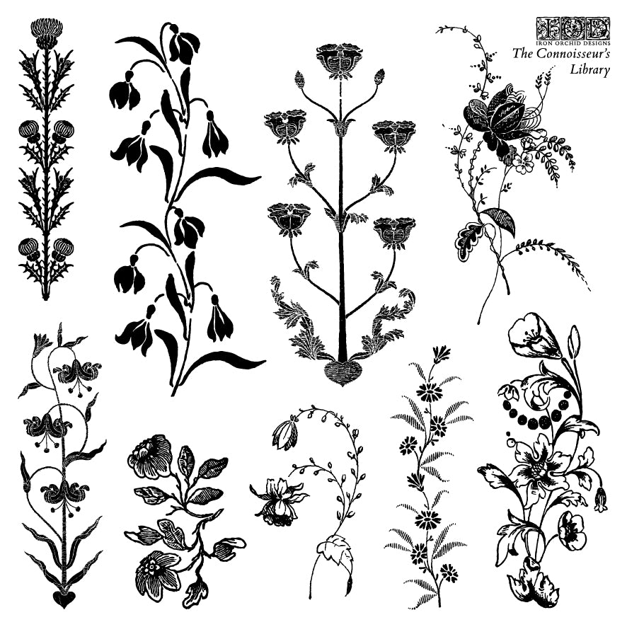 Collection of black floral illustrations on a white background from Iron Orchid Designs The Connoisseur's Library stamp