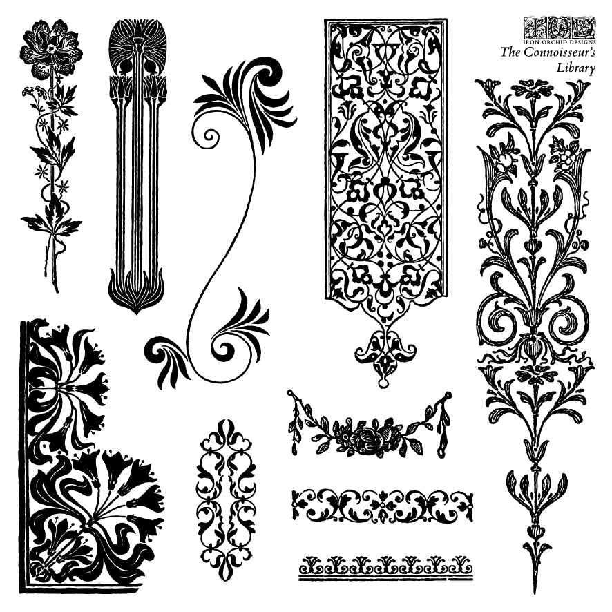 Collection of black decorative flourishes and ornaments on a white background from Iron Orchid Designs The Connoisseur's Library stamp