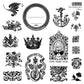 Collection of vintage-style decorative elements including a mirror, anchor, and various floral and emblem designs from Iron Orchid Designs The Connoisseur's Library stamp