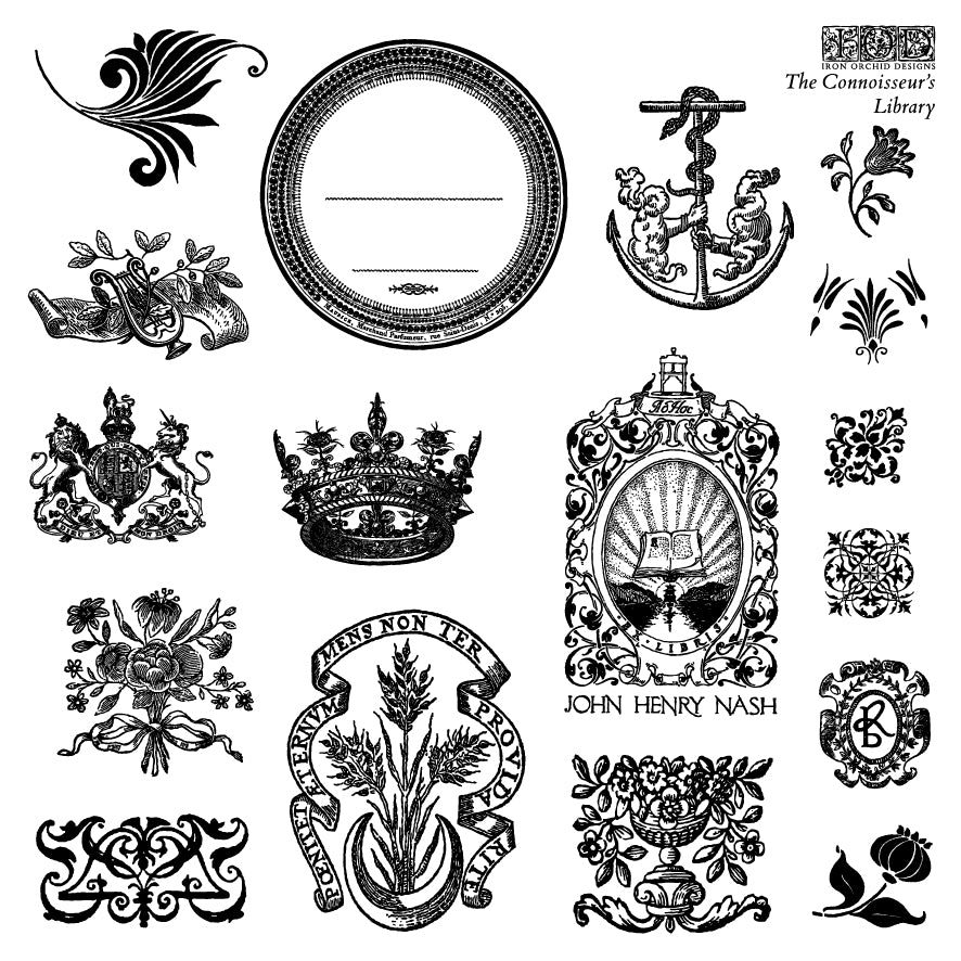 Collection of vintage-style decorative elements including a mirror, anchor, and various floral and emblem designs from Iron Orchid Designs The Connoisseur's Library stamp
