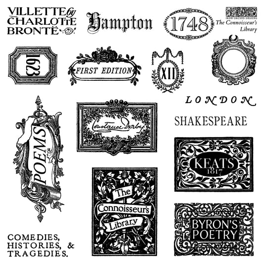 Collection of vintage-style text and design elements on a white background from Iron Orchid Designs The Connoisseur's Library stamp