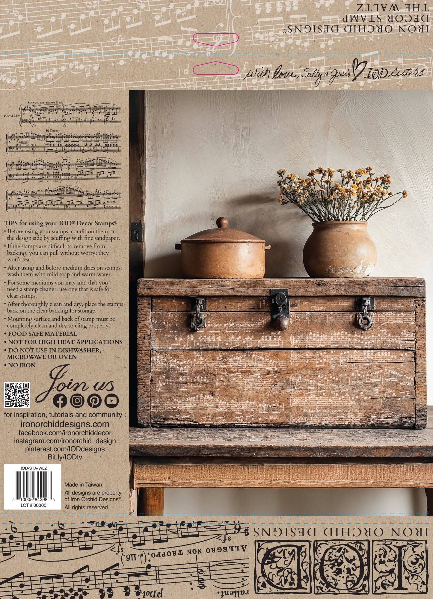 Wooden stamped chest with decorative elements on a rustic background stamped with Iron Orchid Designs The Waltz
