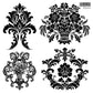Black on white images of Iron Orchid Designs Velveteen Stamp showing four decorative imaged