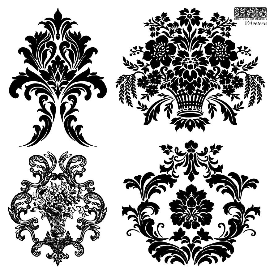 Black on white images of Iron Orchid Designs Velveteen Stamp showing four decorative imaged