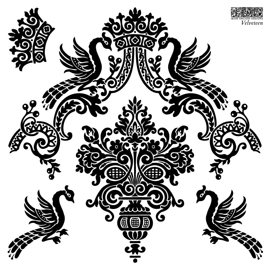 A black on white image showing a decorative image with birds from Iron Orchid Designs