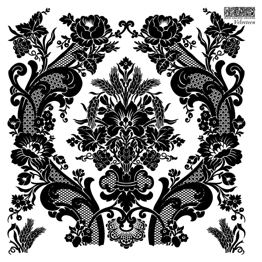 Black on white image of floral Damask stamp from Iron Orchid Designs Velveteen