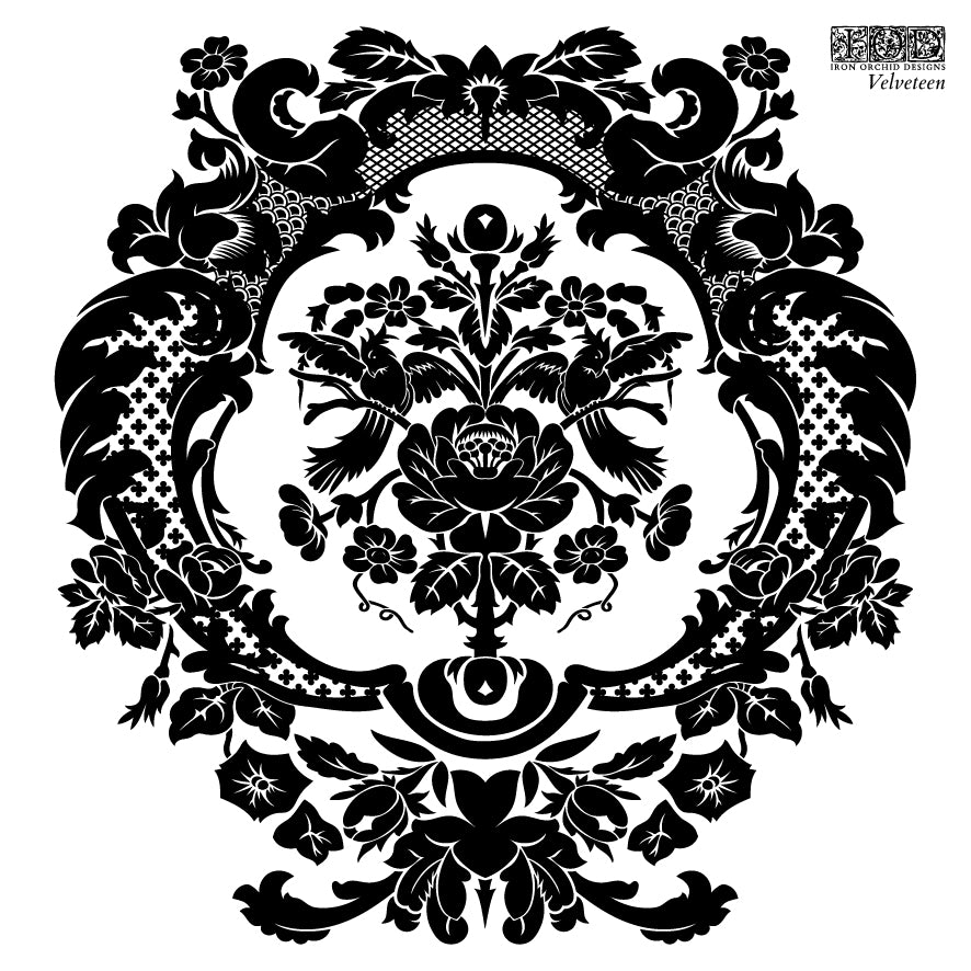 Black on white image of a Floral damask stamp from Iron Orchid Designs Velveteen