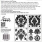 Black on white images showing the designs of iron Orchid velveteen Stamps alongside tips for using the stamps