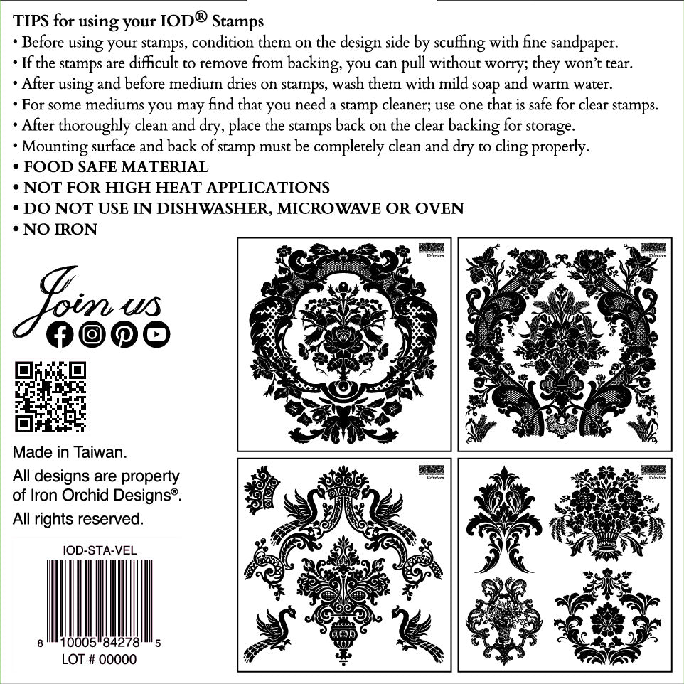 Black on white images showing the designs of iron Orchid velveteen Stamps alongside tips for using the stamps