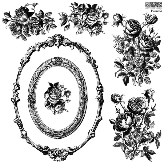 A collection of decorative stamps featuring floral designs and a lattice work stamp, intended for use in crafting and embellishment from Iron Orchid Designs