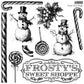 A collection of black and white images of snowmen, candy canes, and other Christmas-themed items with the text 'Frosty's Sweet Shoppe' from Iron Orchid Designs