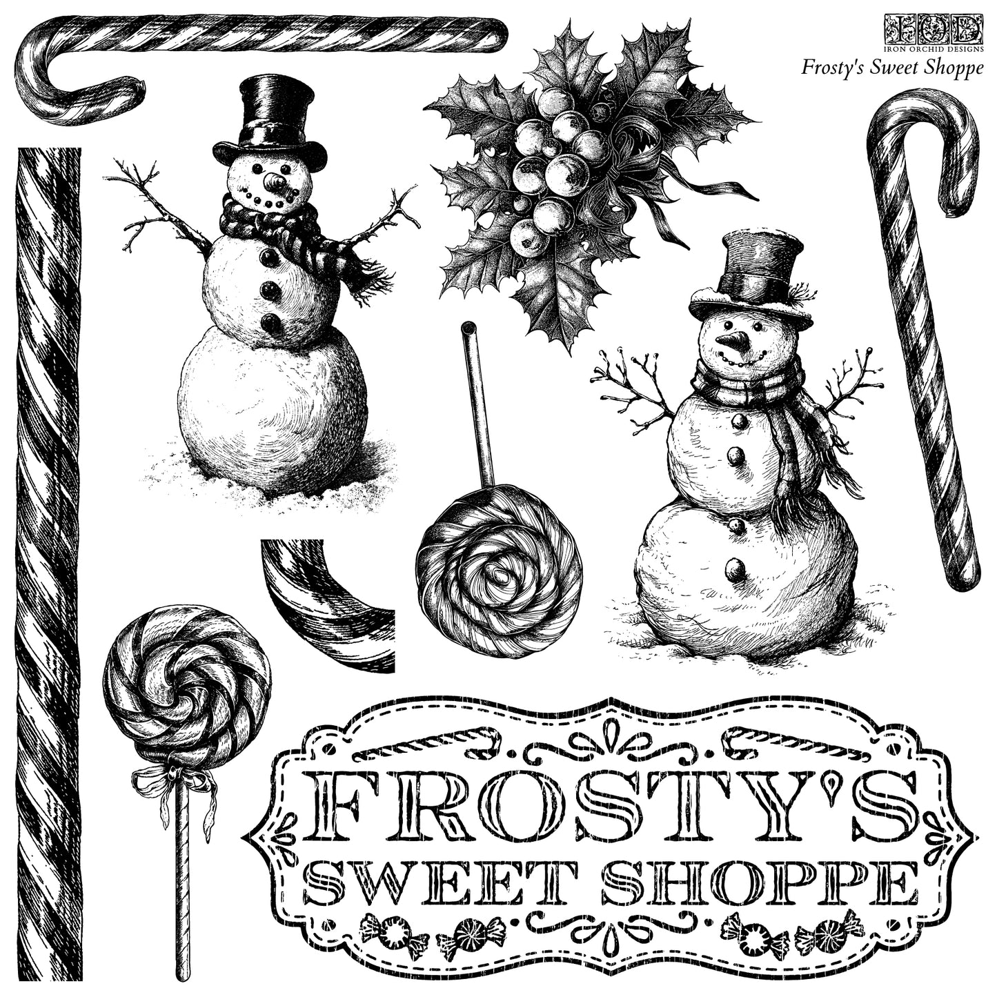 A collection of black and white images of snowmen, candy canes, and other Christmas-themed items with the text 'Frosty's Sweet Shoppe' from Iron Orchid Designs