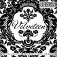 A graphic image of a damask pattern stamp with the word 'Velveteen' written across the center, indicating the name of the stamp set from Iron Orchid Designs.