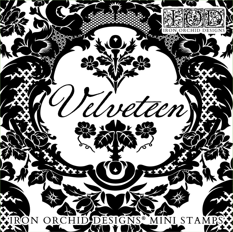 A graphic image of a damask pattern stamp with the word 'Velveteen' written across the center, indicating the name of the stamp set from Iron Orchid Designs.