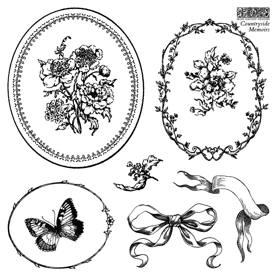 Black on white images showing decorative oval frames and bows from iron Orchid Designs Countryside memoirs stamp