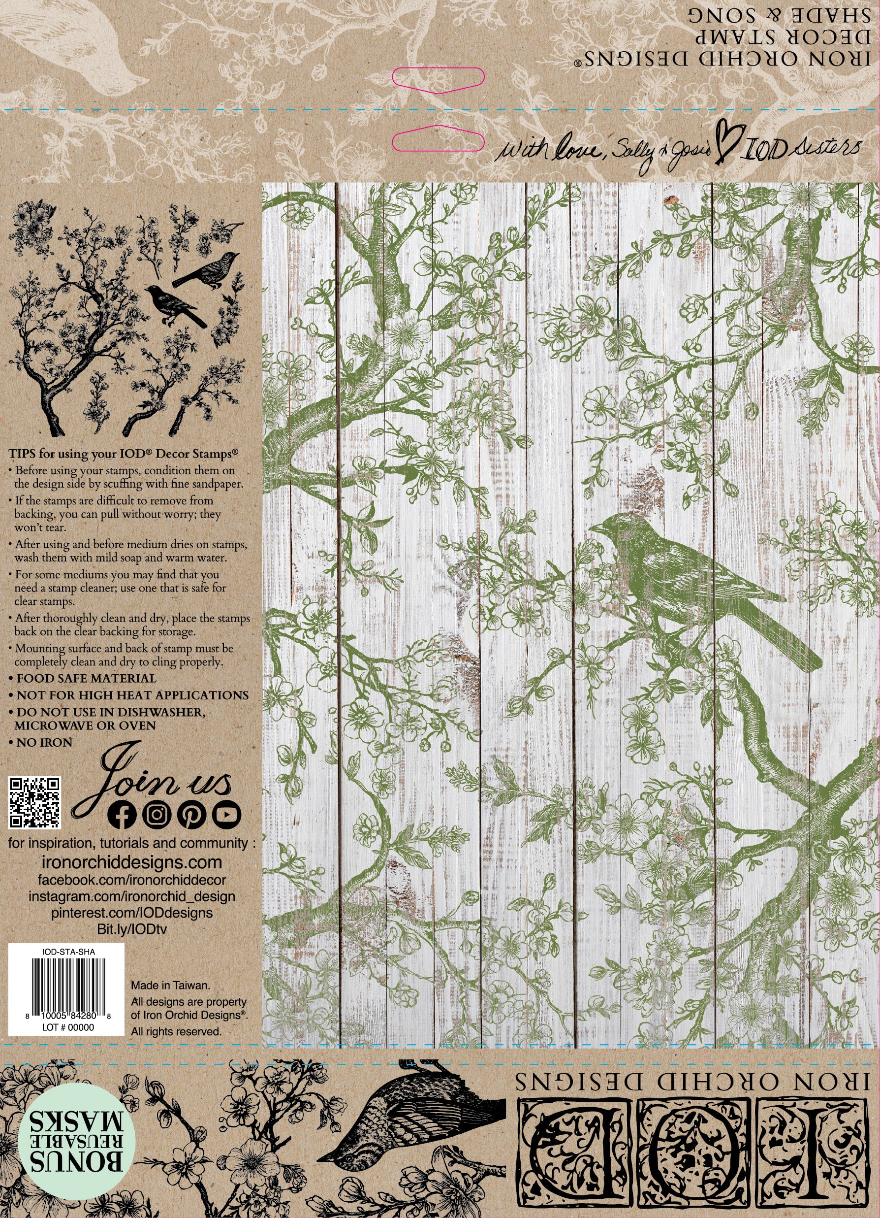 A cardboard packet with instructions on how to use IOD stamps alongside a green on white image of the Shade and Song Stamp