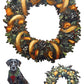 A watercolor-style holiday wreath design shown on a white background, with a large wreath at the top, a small dog wearing a green garland at bottom left, and a smaller wreath at bottom right. From Iron Orchid Designs.