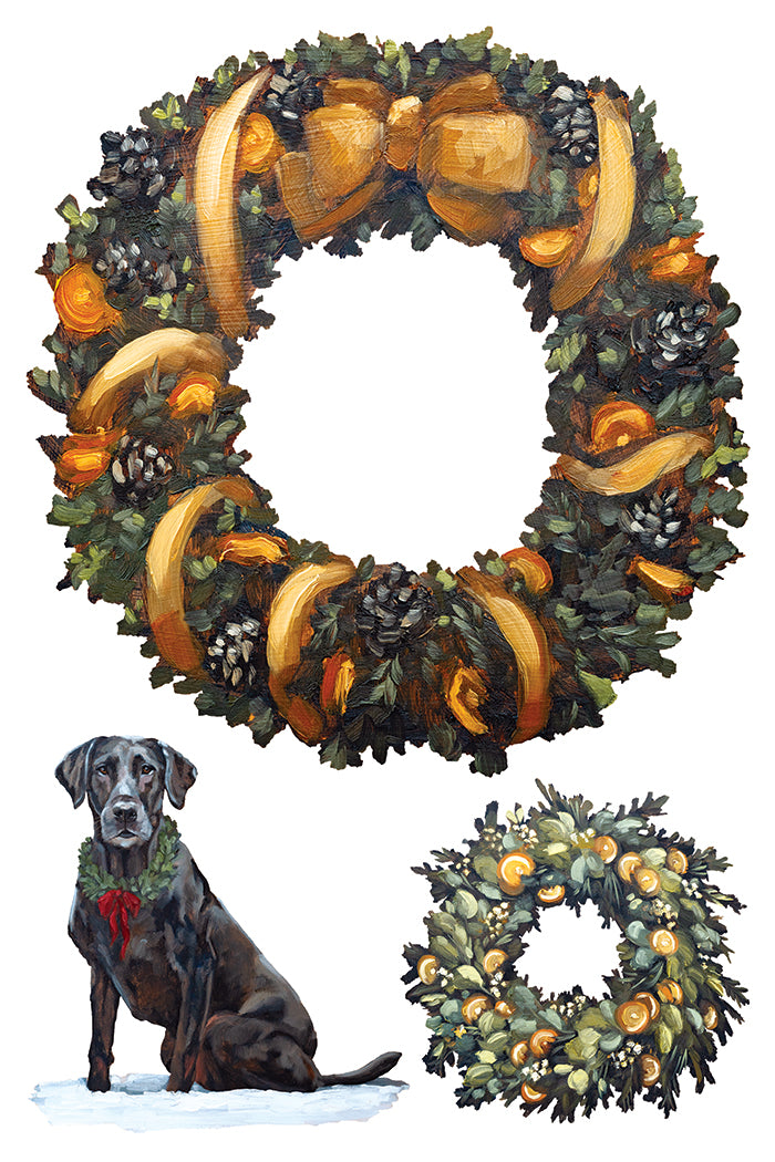 A watercolor-style holiday wreath design shown on a white background, with a large wreath at the top, a small dog wearing a green garland at bottom left, and a smaller wreath at bottom right. From Iron Orchid Designs.