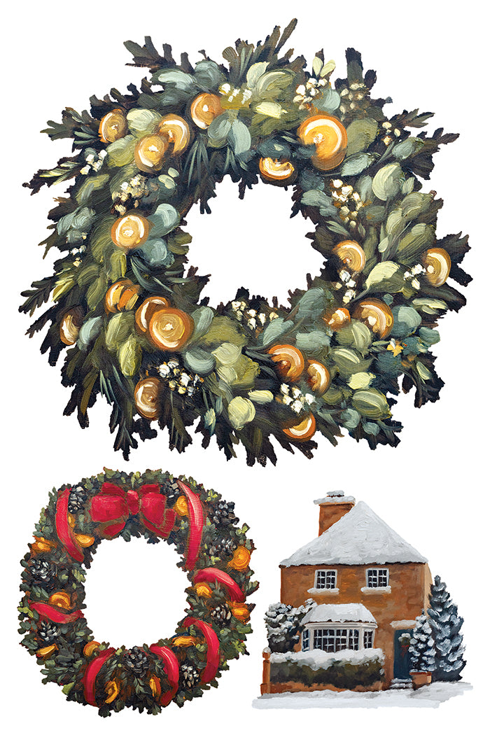 A watercolor-style holiday illustration showing two Christmas wreaths and a small snow-covered house. The top wreath is dense with green foliage and orange-gold ornaments, and the bottom wreath has greenery with red ribbons and orange-gold accents. From Iron Orchid Designs.