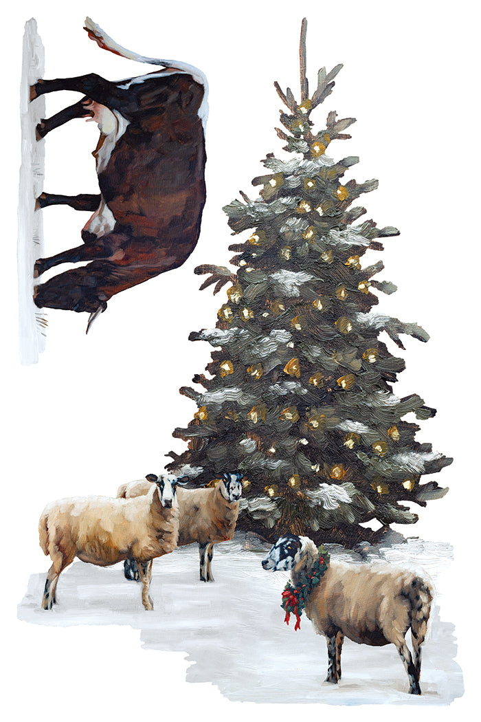 A whimsical winter illustration featuring a snow-covered evergreen tree with warm lights, several sheep in the snow, and a dark horse hanging from a snowy wall on the left, all on a white background. From Iron Orchid Designs.