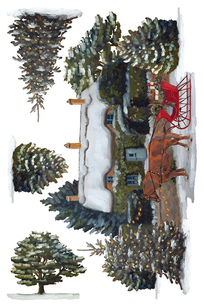 A watercolor-style winter village scene with snow-covered evergreen trees, a small cottage, and a red sleigh drawn by a brown horse on a white background. From Iron Orchid Designs.