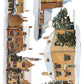 Watercolor-style illustration of a snowy village scene with tan cottages, dark green trees, and white snow on a white background. From Iron Orchid Designs.