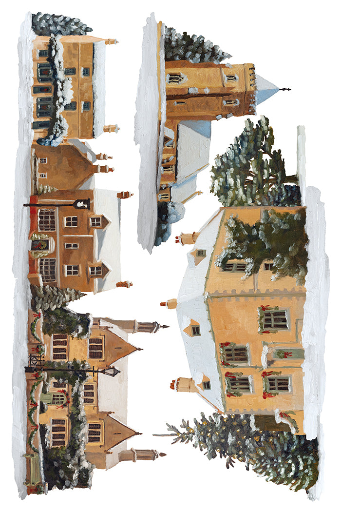 Watercolor-style illustration of a snowy village scene with tan cottages, dark green trees, and white snow on a white background. From Iron Orchid Designs.