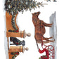 A festive watercolor-style illustration featuring a brown horse pulling a red sleigh decorated with greenery and gifts, alongside a Christmas tree, snow, and a small dog in the upper right, all on a white background. From Iron Orchid Designs.