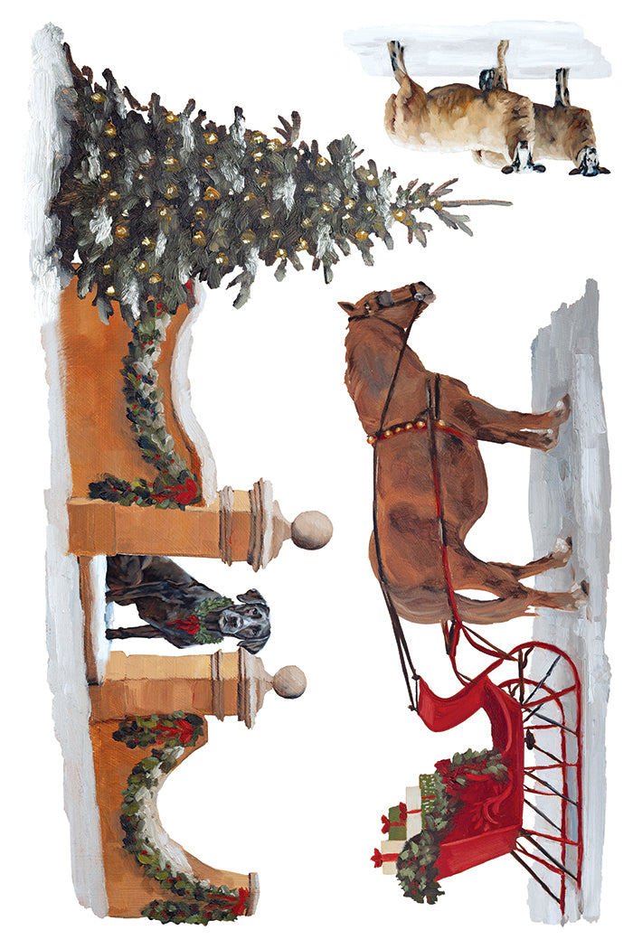 A festive watercolor-style illustration featuring a brown horse pulling a red sleigh decorated with greenery and gifts, alongside a Christmas tree, snow, and a small dog in the upper right, all on a white background. From Iron Orchid Designs.