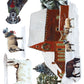 A whimsical winter scene artwork featuring a red-roofed cabin surrounded by snow, evergreen trees, and several animals including a dog, sheep, and cow, arranged on a white background. From Iron Orchid Designs.