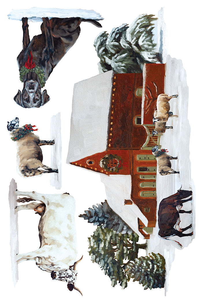 A whimsical winter scene artwork featuring a red-roofed cabin surrounded by snow, evergreen trees, and several animals including a dog, sheep, and cow, arranged on a white background. From Iron Orchid Designs.