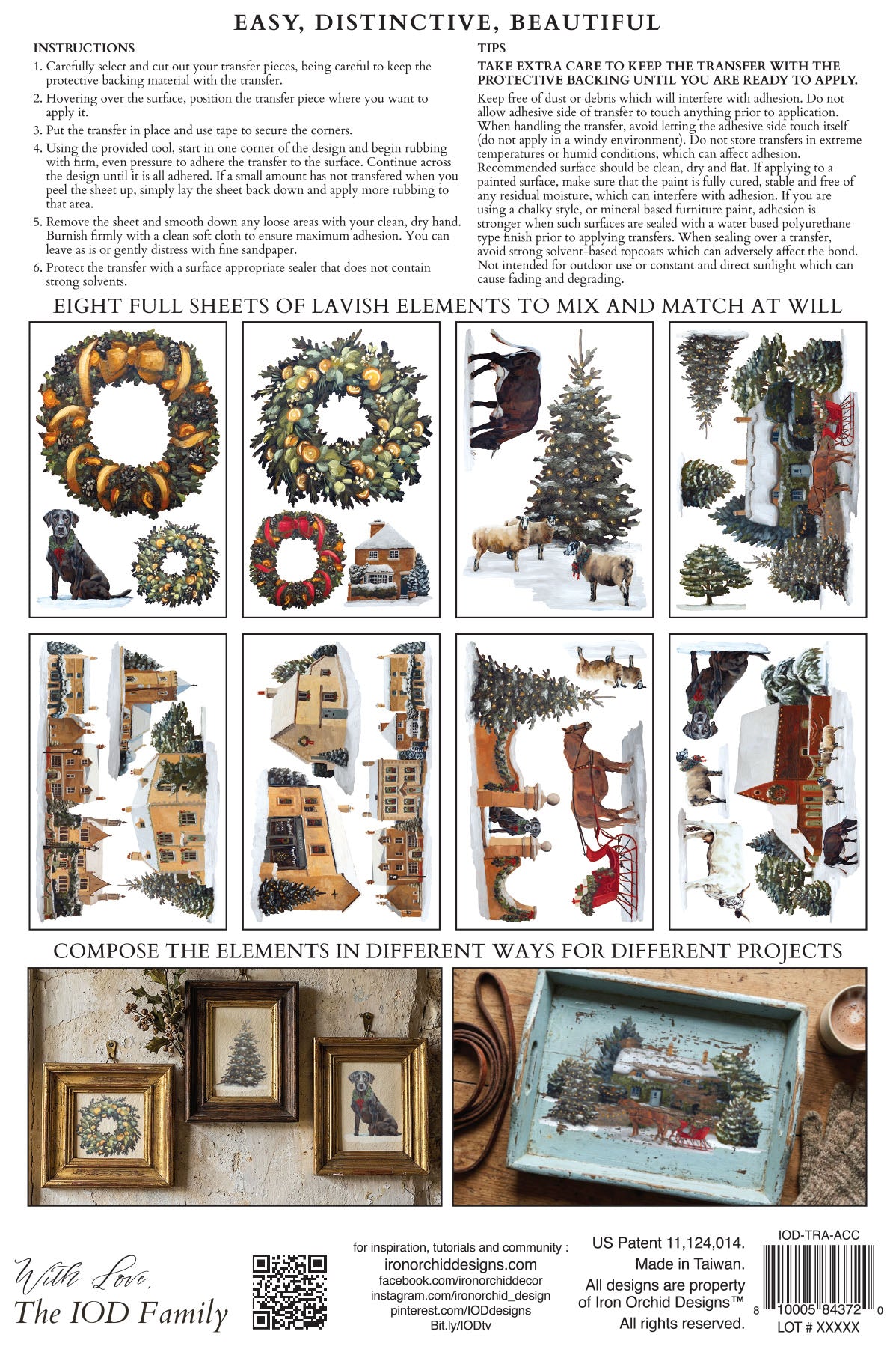 Back cover of a craft pattern booklet titled 'Easy, Distinctive, Beautiful' by The IOD Family, showing multiple holiday-themed design previews including wreaths, Christmas trees, rustic signs, and framed art, with instructions and a barcode at the bottom.